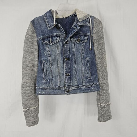 Free People Denim and Knit Hoodie Jacket Size Small - Picture 3 of 9
